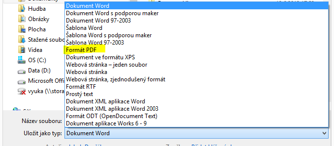 Uložení práce v Microsoft Word do PDF.